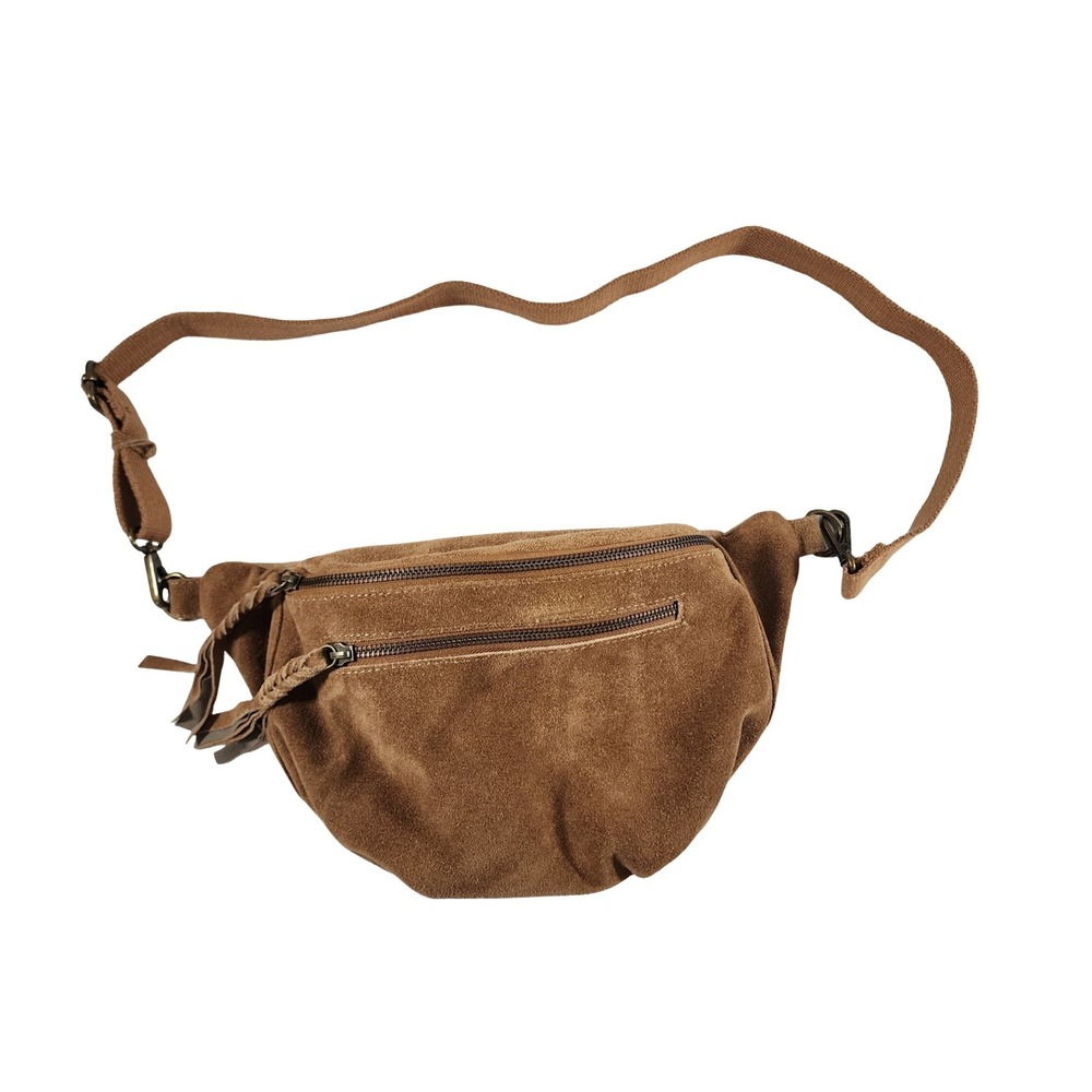 Earthbound Trading Co Brown Suede Leather Fanny Pack Waist Bag Braided Pulls